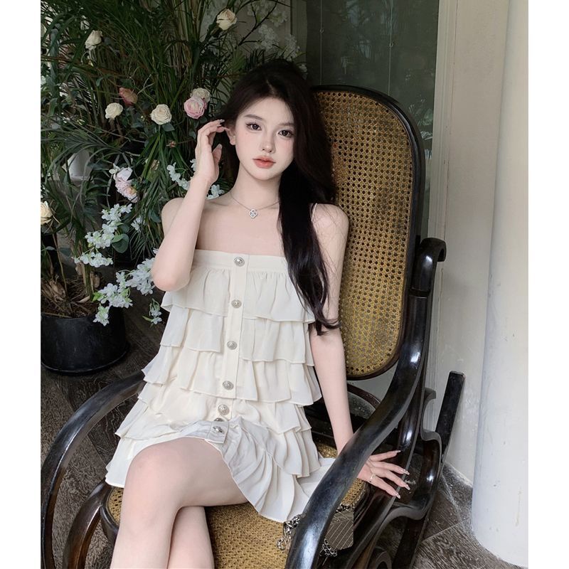 Bộ Áo Hai Dây Phối Bèo + Chân Váy Lưng Cao Xếp Tầng Thời Trang Mùa Hè Cho Nữ