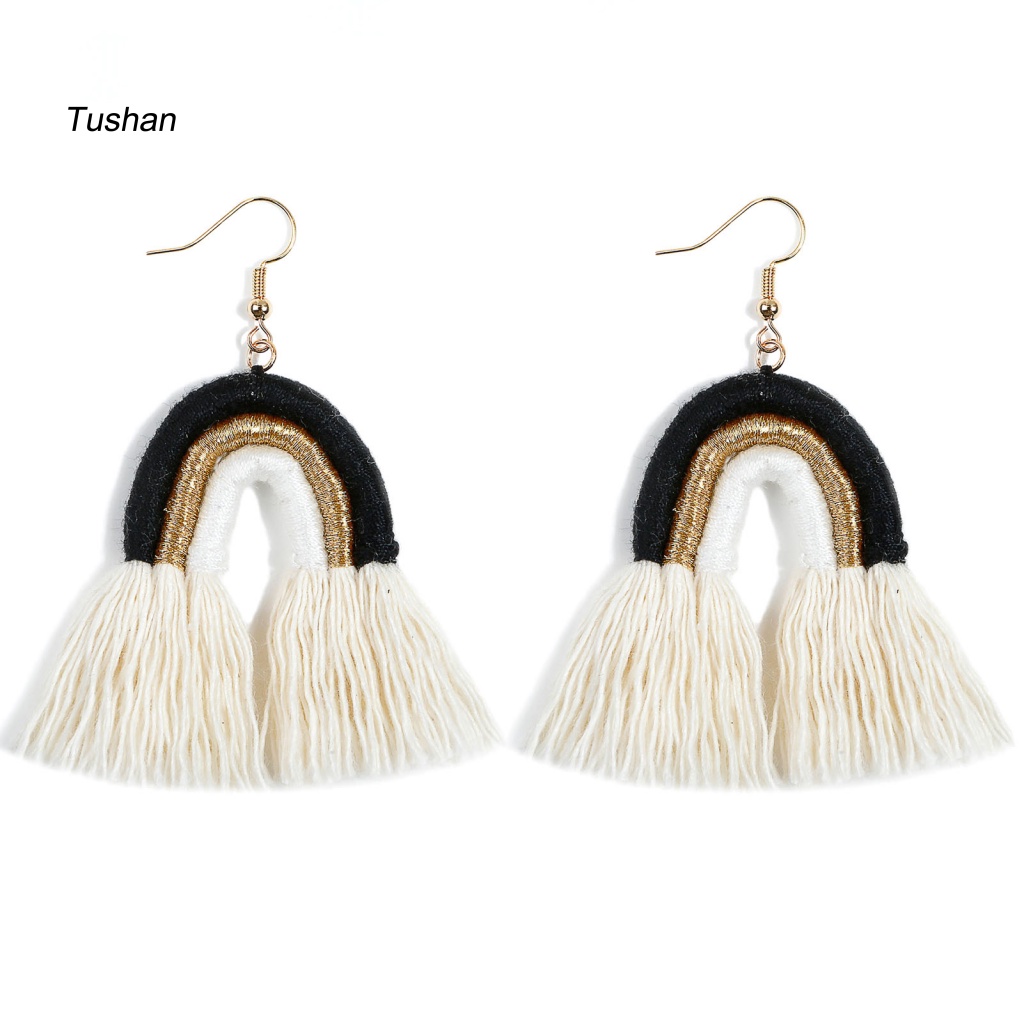 1 Đôi Bông Tai Tua Rua Nhiều Lớp Màu Sắc Cầu Vồng Phong Cách Bohemian