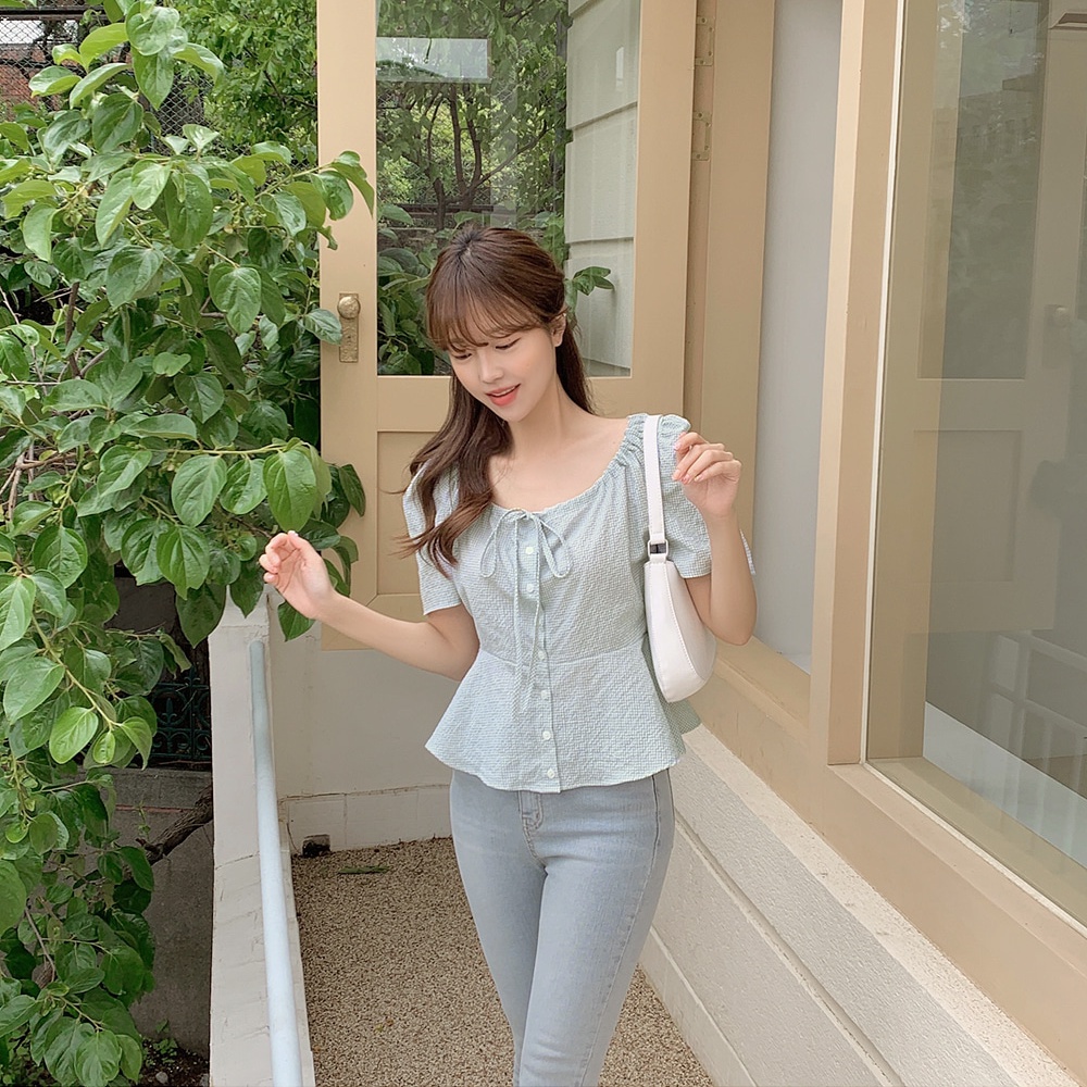 SUXI Áo Croptop Tay Ngắn Cổ Vuông Rút Dây Họa Tiết Sọc Caro Phong Cách Hàn Quốc