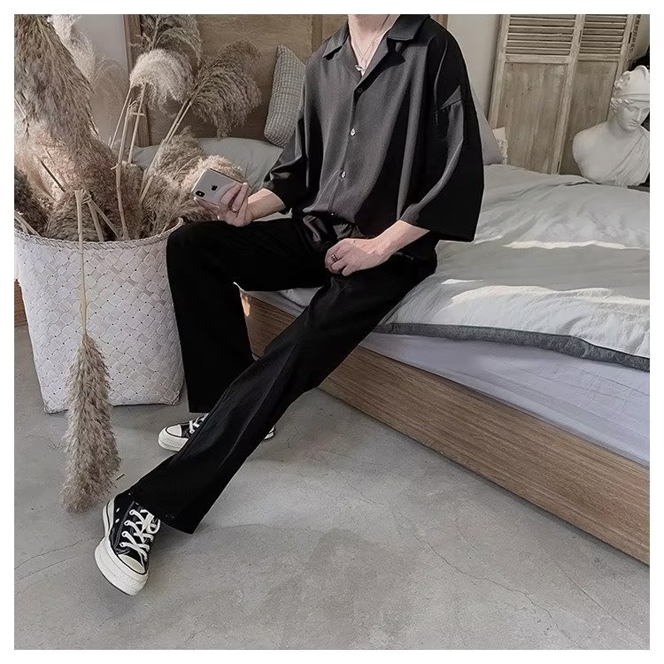 Áo Sơ Mi Lụa Lạnh Tay Ngắn Dáng Rộng Phong Cách Hong Kong Thời Trang Mùa Hè Cho Nam