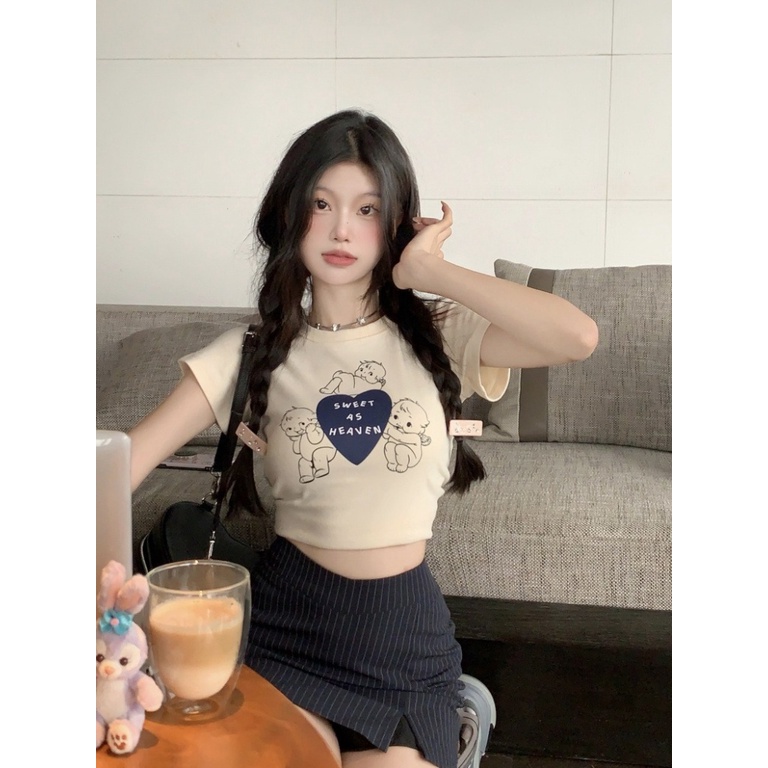 Áo baby tee Thun croptop nữ Tay Ngắn Dáng Ôm Hở Rốn In Hình Thiên Thần Tình Yêu Phong Cách Mới Mùa Hè Dành Cho Bạn Nữ