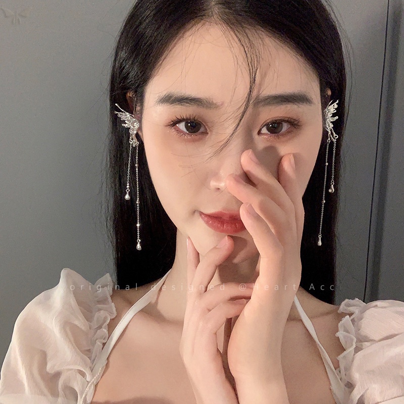 Khuyên Kẹp Vành Tai Dáng Dài Hình Bướm Đính Đá Zircon Thời Trang Cao Cấp Cho Nữ