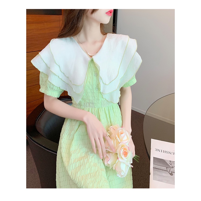 Đầm Công Chúa Màu Xanh Lá Cài Nút Tay Phồng Phong Cách Hàn Quốc Thời Trang Mùa Hè Xinh Xắn Cho Nữ