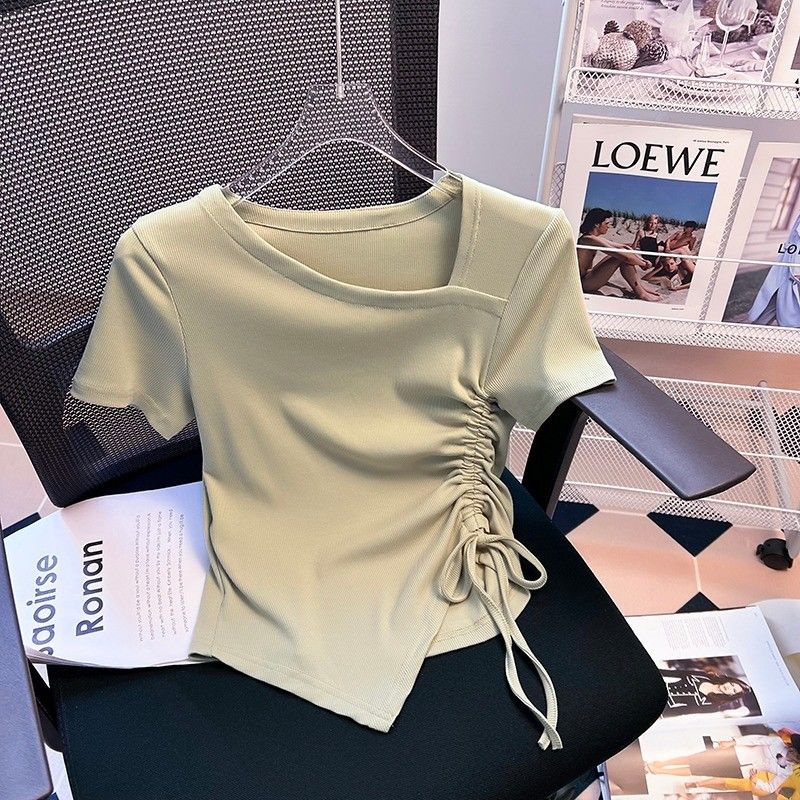Áo Thun Tay Ngắn Phối Dây Rút Thiết Kế Lệch Tà Thời Trang Mùa Hè Cho Nữ
