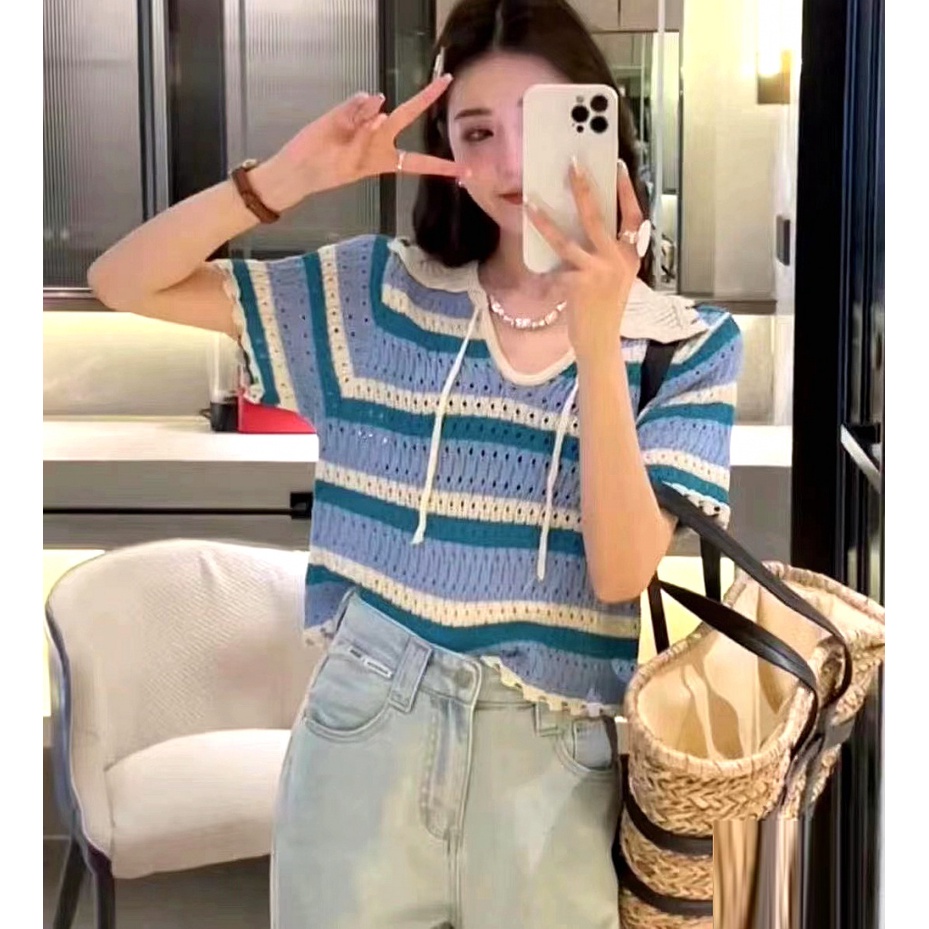 Áo Thun Polo Dệt Kim Tay Ngắn Họa Tiết Kẻ Sọc Thời Trang Mùa Hè Phong Cách Hàn Quốc Mới Cho Nữ