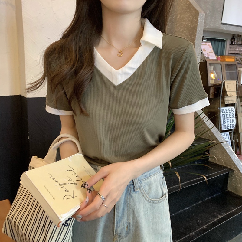 Áo polo SUXI tay ngắn cổ chữ V dáng ôm thời trang mùa hè dễ phối đồ cho nữ