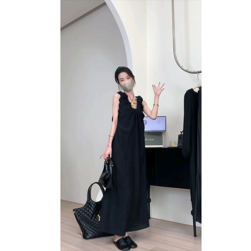 [F &amp; X] Đầm Dài Xếp Ly Sát Nách Cổ Chữ u Vải Satin Cao Cấp Phong Cách Pháp Thời Trang Mùa Hè Cho Nữ