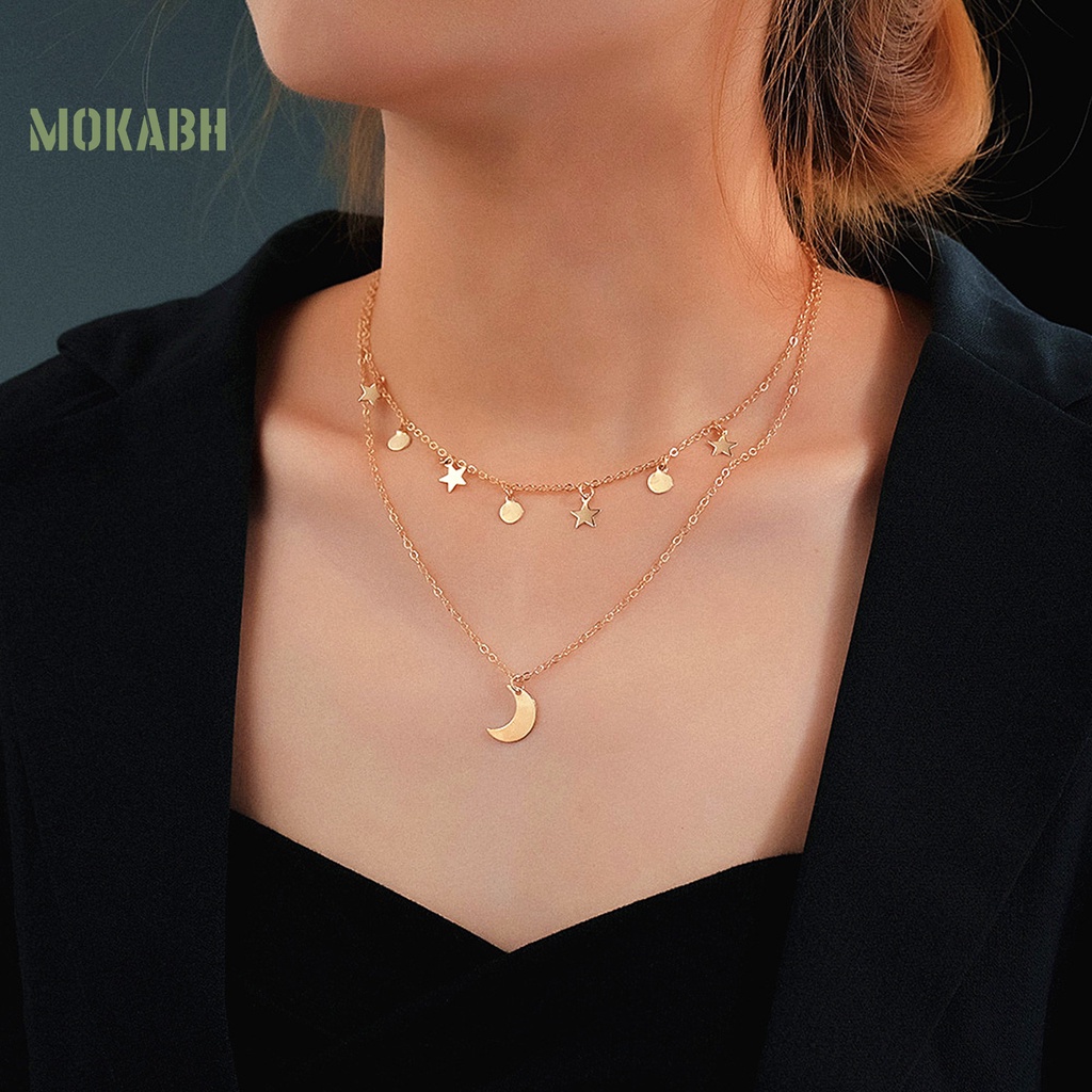 [Mới] Vòng cổ Hai Lớp Mặt Hình Ngôi Sao Mặt Trăng Bằng Kim Loại Có Thể Điều Chỉnh Không Gây Dị Ứng