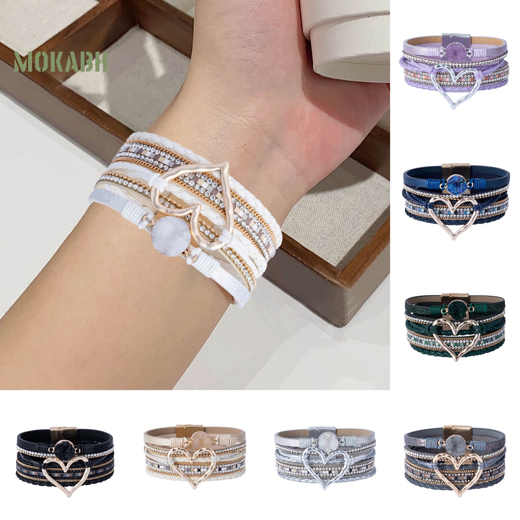 Vòng Tay Giả Da Nhiều Lớp Đính Đá Hình Trái Tim Phong Cách Bohemian Dành Cho Nữ