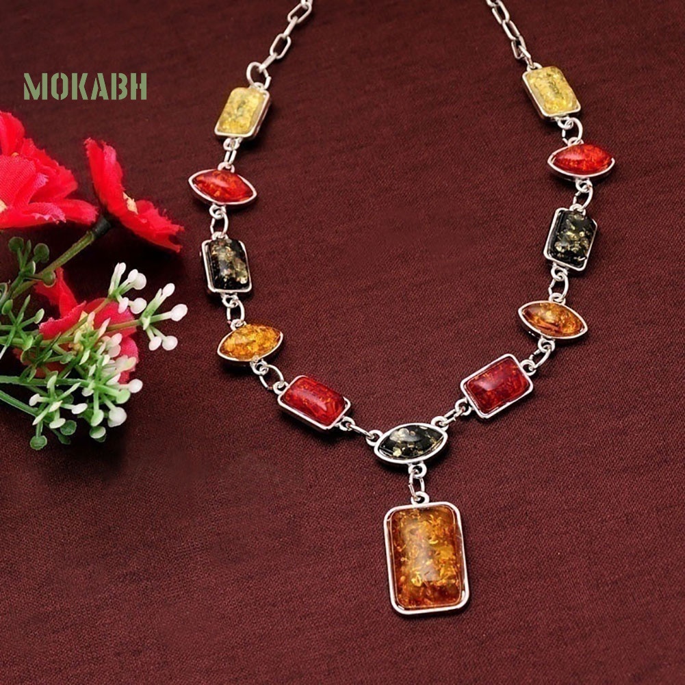 Bộ Vòng cổ + Bông Tai Đính Đá Hổ Phách Hình Vuông / Oval Phong Cách Châu Phi Thời Trang Cho Nữ