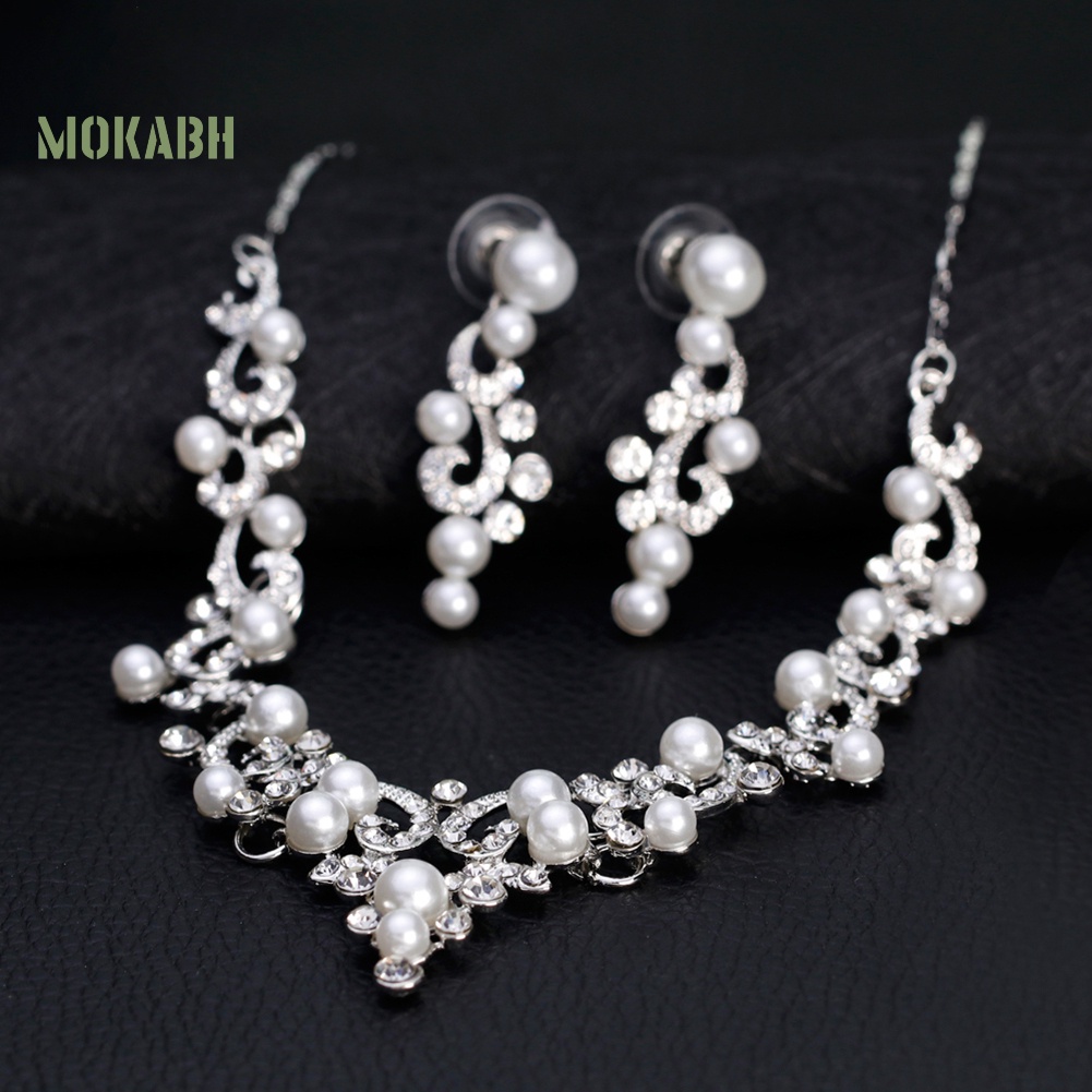 Bộ Vòng cổ + Bông Tai Đính Đá &amp; Ngọc Trai Giả Bằng Hợp Kim Thời Trang Cho Nữ