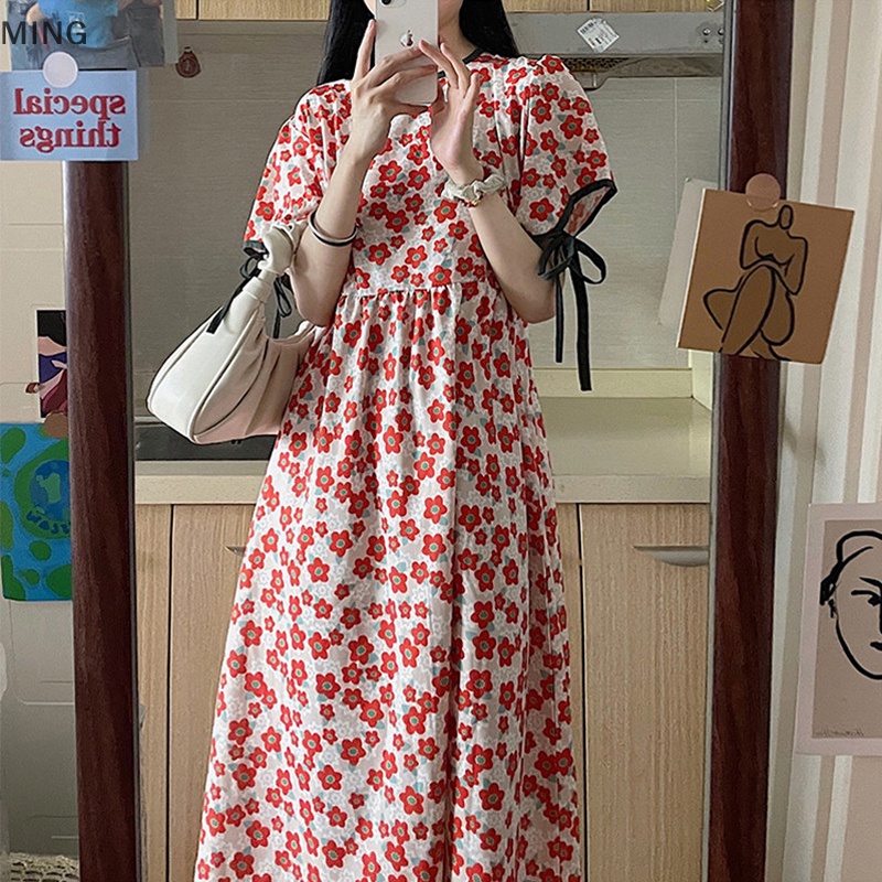 Đầm Dài Cổ Tròn Tay Ngắn In Họa Tiết Hoa Thời Trang Mùa Hè Cho Nữ