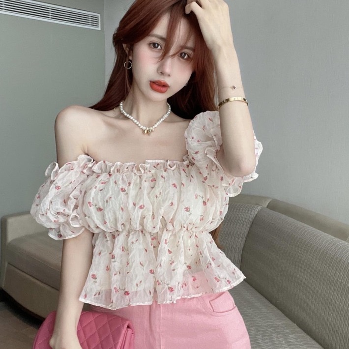 Nzn Áo Sơ Mi Voan Crop top Trễ Vai Xẻ Tà In Họa Tiết Hoa Hàn Quốc Cho Nữ