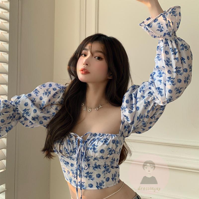 Áo Thun Dài Tay Cổ Vuông Thắt Dây In Họa Tiết Thời Trang Cho Nữ