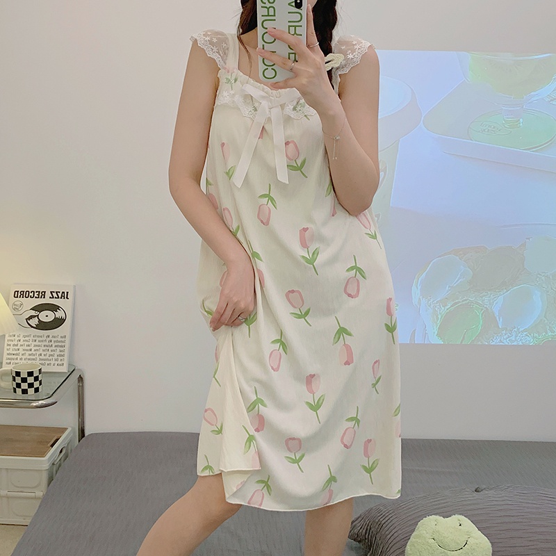 Đầm Ngủ Cotton Dệt Kim Phối Ren Có Đệm Ngực Phong Cách Công Chúa Ngọt Ngào Thời Trang Mùa Hè Kiểu Mới Dành Cho Nữ