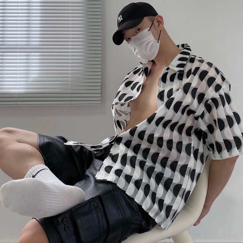 Áo Sơ Mi Ngắn Vải Jacquard Bán Trong Suốt In Họa Tiết Màu Sắc Tương Phản Thời Trang Mùa Hè Cho Nam Và Nữ