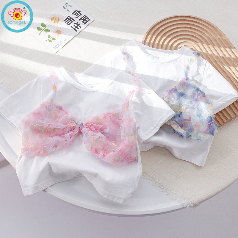 Áo Thun Ngắn Tay Giả Hai Lớp Phối Ren Hoa Dễ Thương Cho Bé Gái