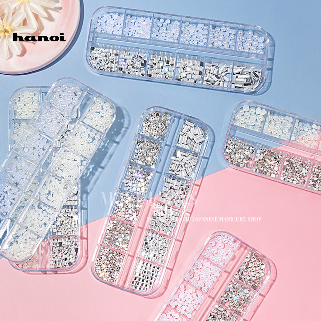 Hộp 12 Ngăn Đựng Hạt Đá 3D Lấp Lánh Trang Trí Móng Tay DIY