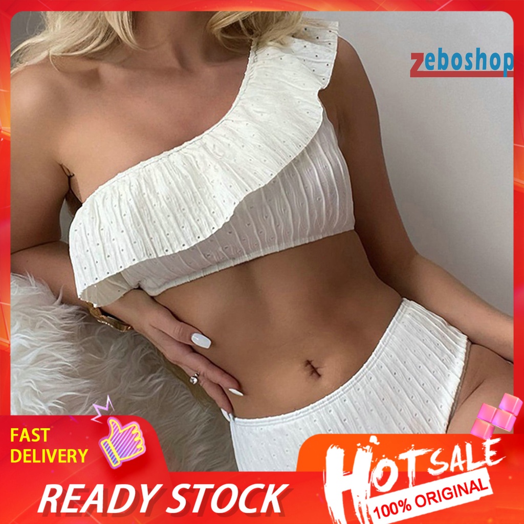 Bộ Đồ Bơi 2 Mảnh Màu Trơn Phối Bèo Và Quần Lưng Cao Mau Khô Thời Trang Cho Nữ