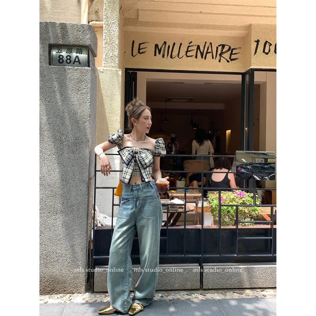 Áo Kiểu Tay Phồng Cổ Vuông Họa Tiết Sọc Caro Đính Nơ Xinh Xắn Cho Nữ