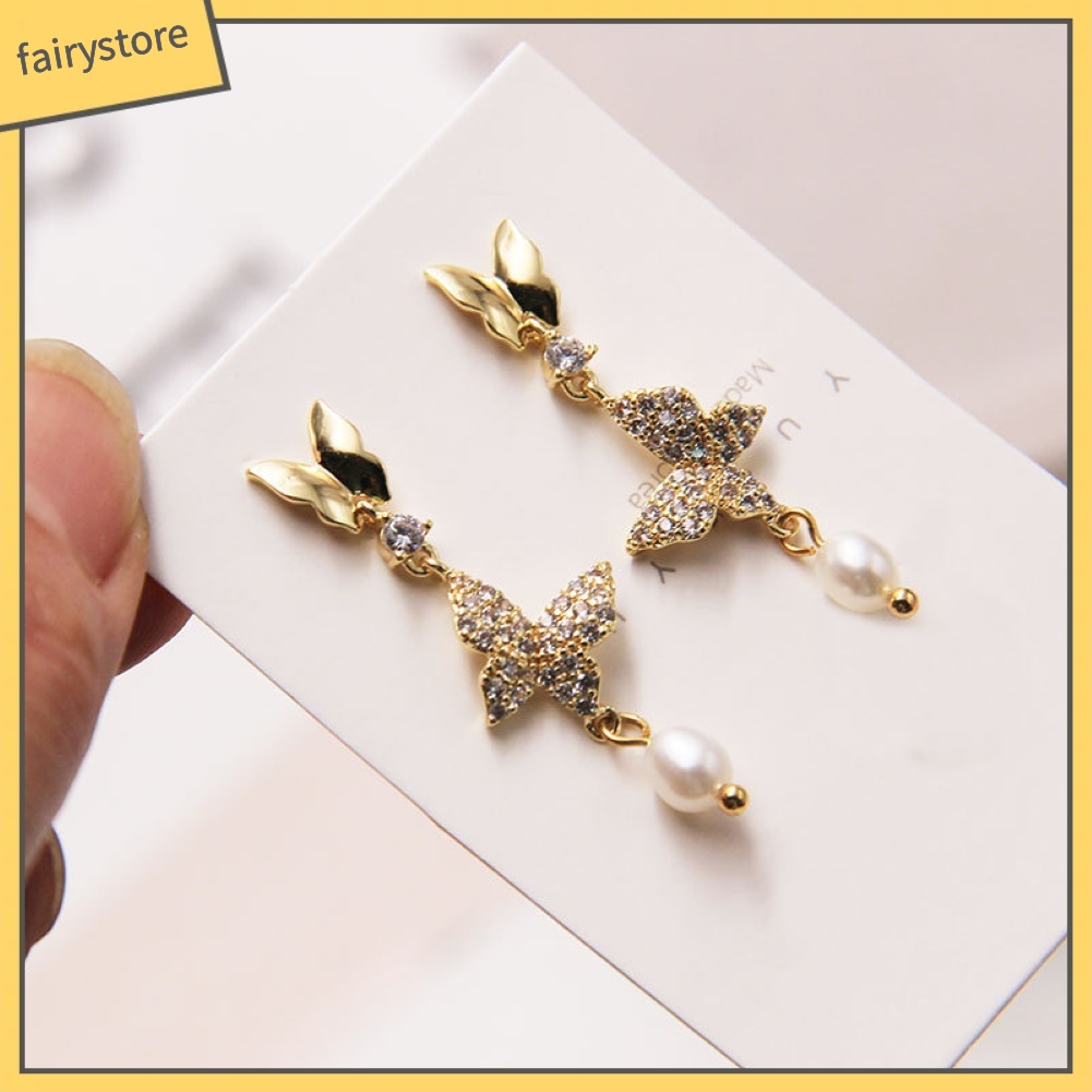 Bông Tai Hình Bướm Đính Đá Ngọc Trai Giả Thời Trang Dành Cho Nữ