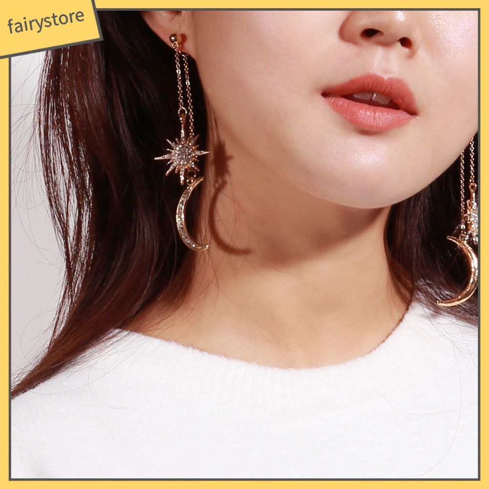 Bông Tai Dài Hình Trăng Sao Đính Đá Thời Trang Dành Cho Nữ