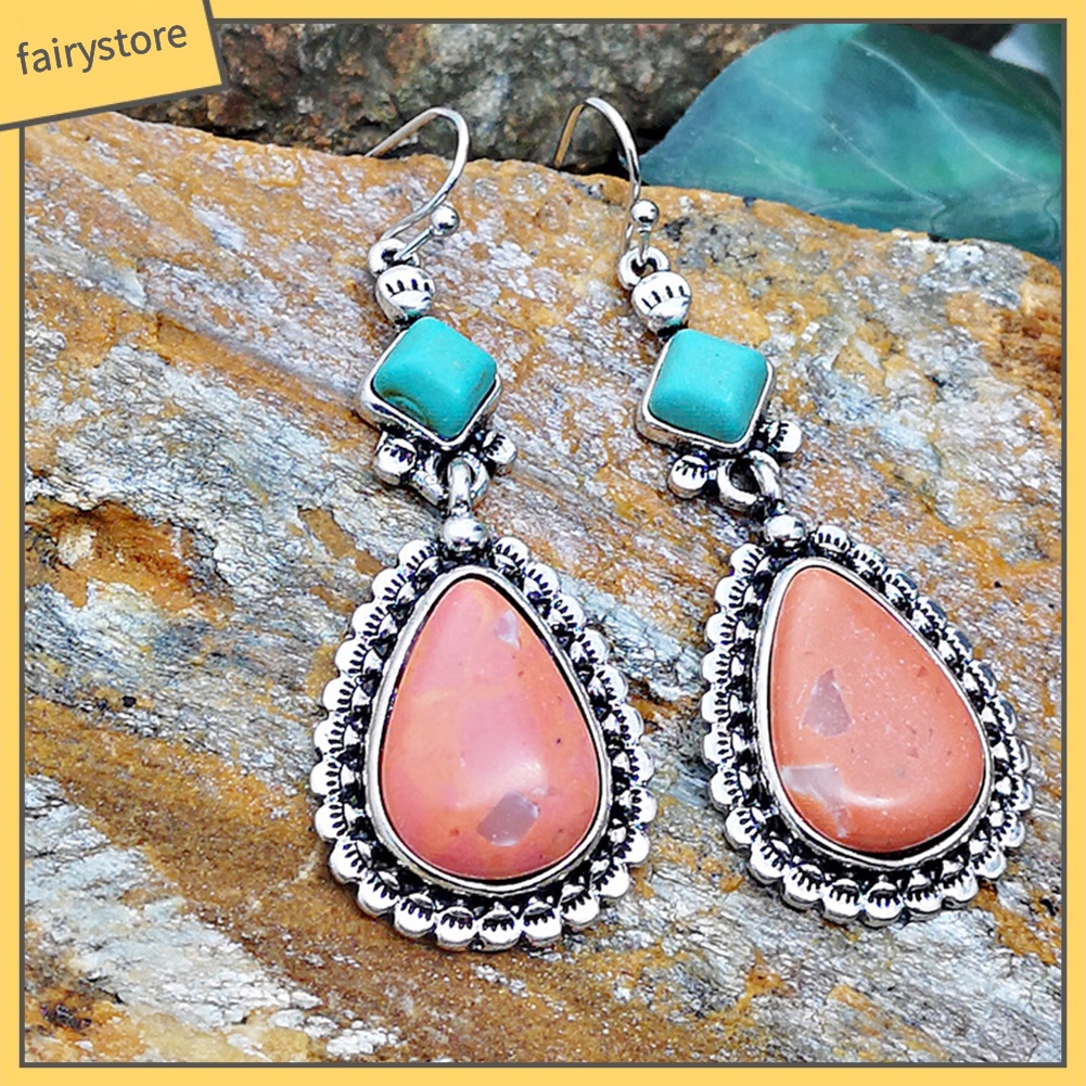 Bông Tai Hình Giọt Nước Đính Đá Ngọc Lam Giả Phong Cách Vintage Dành Cho Nữ