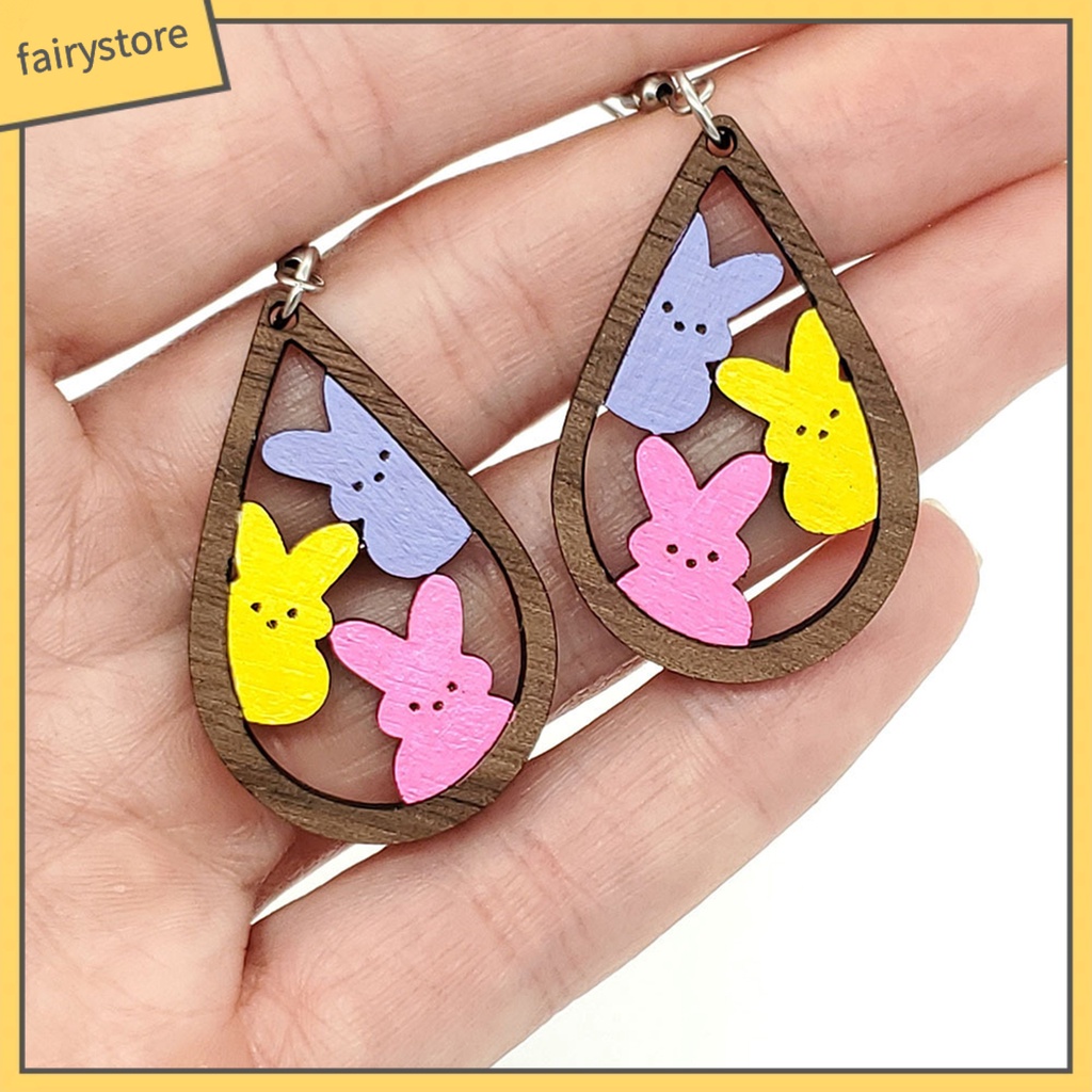 1 Đôi Bông Tai Hình Giọt Nước Họa Tiết Thỏ Bằng Gỗ Thời Trang