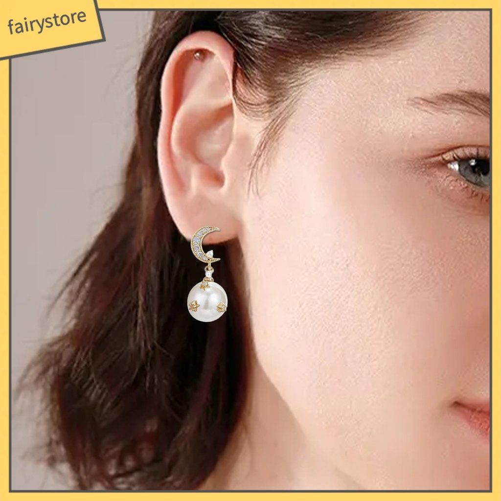 [FRO] 1 Đôi Bông Tai Bất Đối Xứng Hình Ngôi Sao Và Mặt Trăng Đính Ngọc Trai Nhân Tạo Phong Cách
