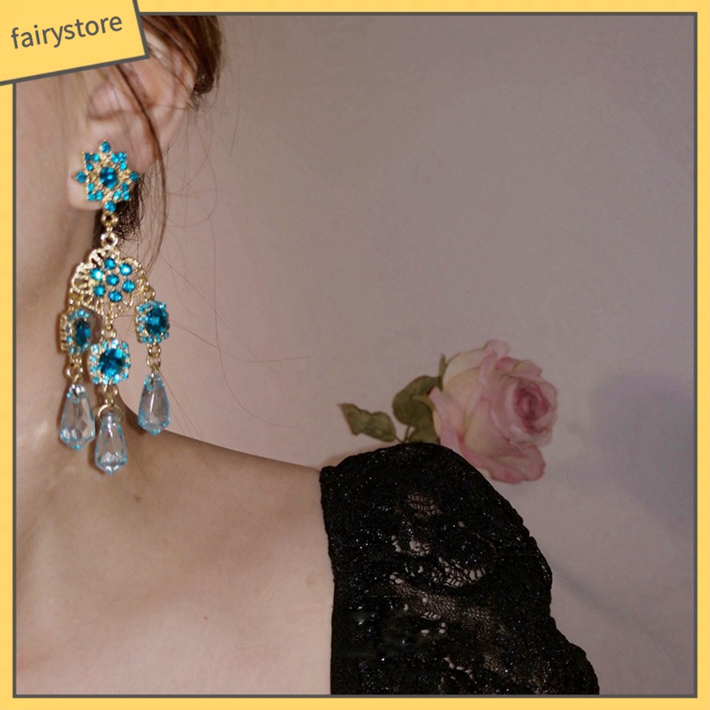 1 Đôi Bông Tai Dáng Dài Đính Pha Lê Xanh Dương Phong Cách Vintage