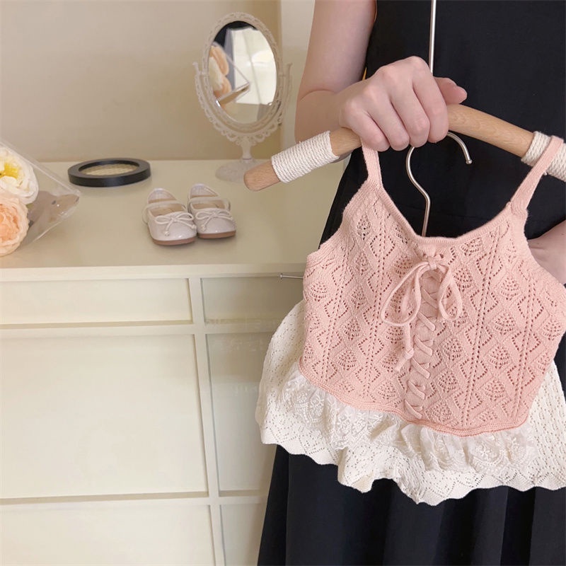 Hàng Có Sẵn Áo Hai Dây Dệt Kim Màu Trơn Phong Cách Phương Tây Mùa Hè Cho Nữ
