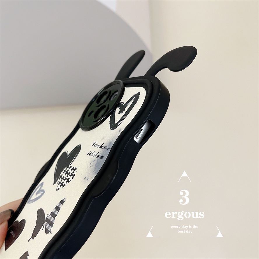 Ear CaseỐp Điện Thoại TPU Mềm Họa Tiết Trái Tim Màu Đen Cá Tính Cho IPhone 14 13 12 11 Pro Max X XR Xs Max