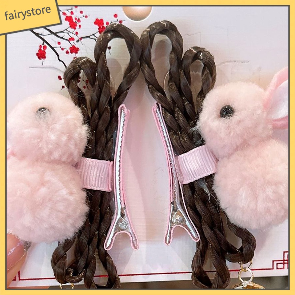 1 Cặp Kẹp Tóc Đính Tua Rua Thiết Kế Hình Thỏ Màu Sắc Dễ Thương Phong Cách Trung Hoa Cho Bé Gái