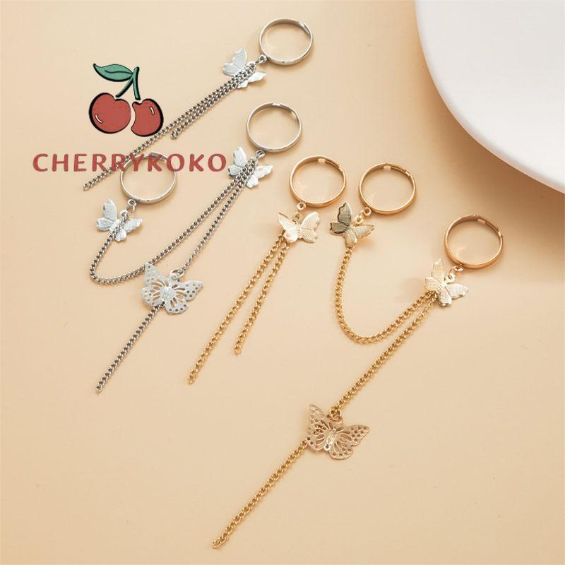 🍒🍒CHERRYKOKO Đặt 2 Nhẫn hở hình bướm kết hợp dây xích có thể điều chỉnh phong cách cá tính cho nam và nữ