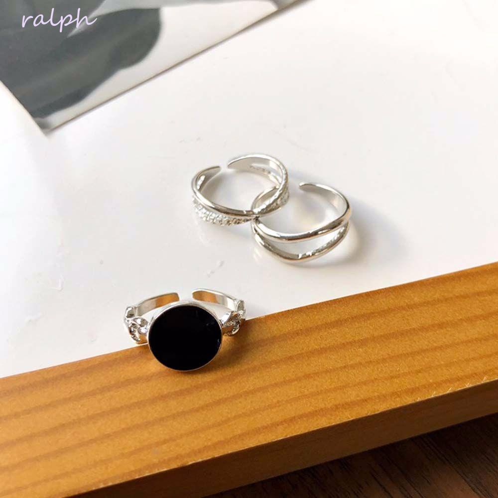Set 3 Nhẫn Đeo Tay Màu Đen Phong Cách Vintage Thời Trang Cho Nữ|Nhẫn Mở Điều Chỉnh Được Hình Học