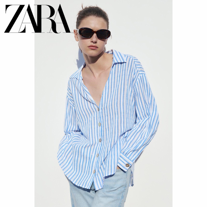 Zara Áo Sơ Mi Dài Tay Dáng Rộng Hoa Văn Kẻ Sọc Thời Trang Mùa Xuân Hè Dành Cho Nữ