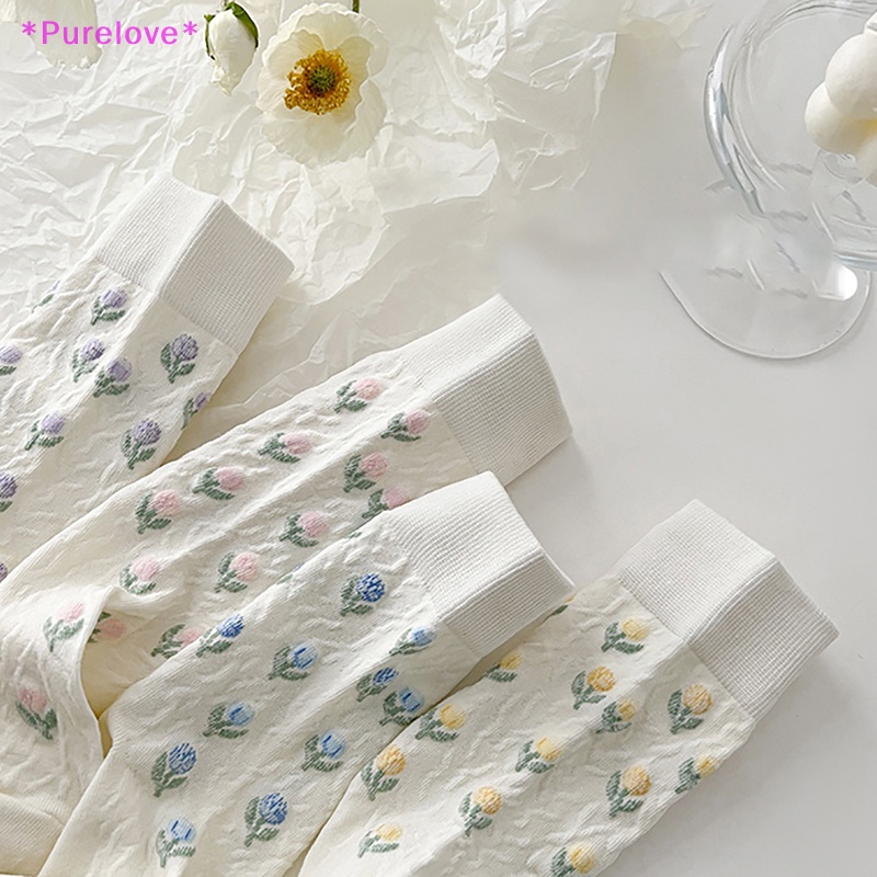 1 Đôi Tất Cotton Trắng In Hình Hoa Tulip Phong Cách Harajuku Nhật Bản Đáng Yêu Dành Cho Nữ Mới