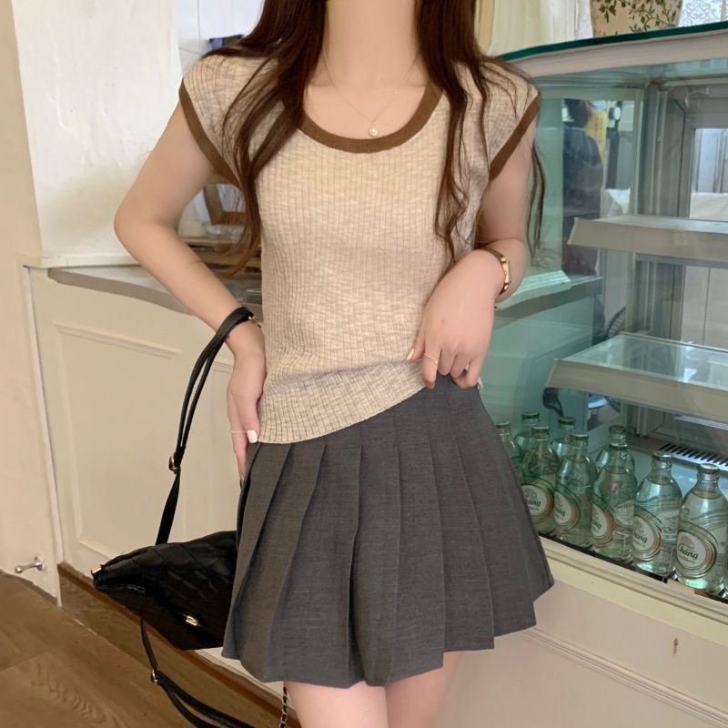 COZOK Áo Thun Dệt Kim Ngắn Tay Cổ Chữ U Phối Màu Tương Phản Thời Trang