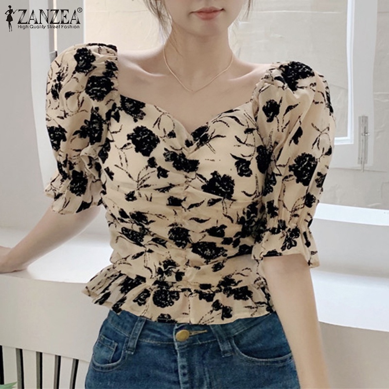 Zanzea Áo Kiểu Tay Lửng Cổ Vuông In Họa Tiết Hoa Phong Cách Hàn Quốc Dành Cho Nữ