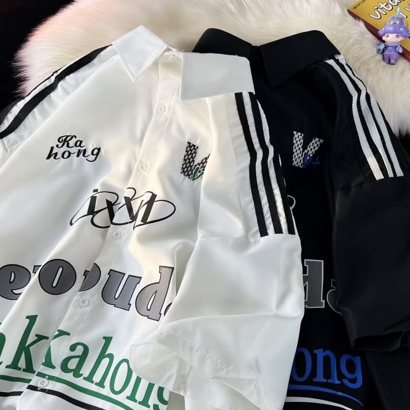 Áo Thun polo Ngắn Tay Form Rộng Thêu Họa Tiết Phong Cách Đường Phố Mỹ