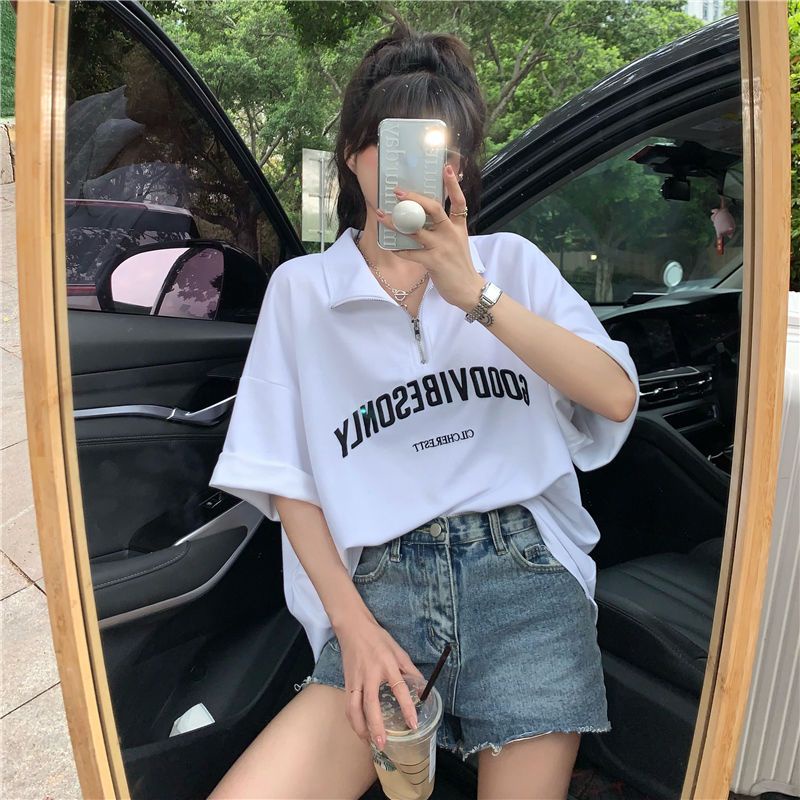 COZOK Áo polo Ngắn Tay Form Rộng In Chữ Thời Trang Hàn Quốc