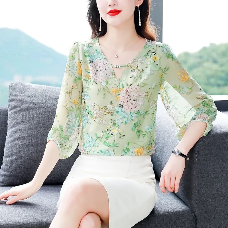 Áo Sơ Mi Chiffon Tay Lửng Họa Tiết Hoa Phong Cách Mùa Hè Mới Dành Cho Nữ