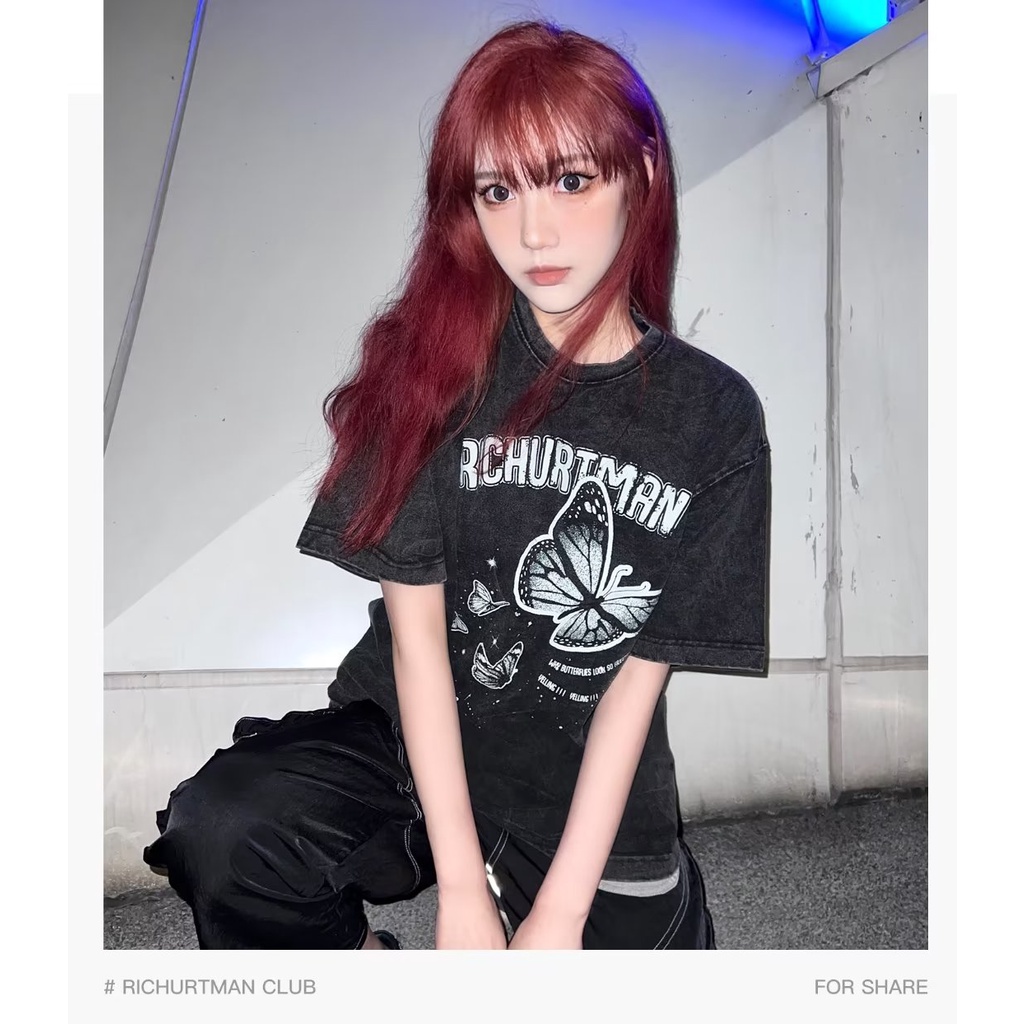 Áo Thun Tay Ngắn Cổ Tròn Dáng Rộng In Hình Bướm Phong Cách Retro Mỹ Thời Trang Mùa Hè Cá Tính