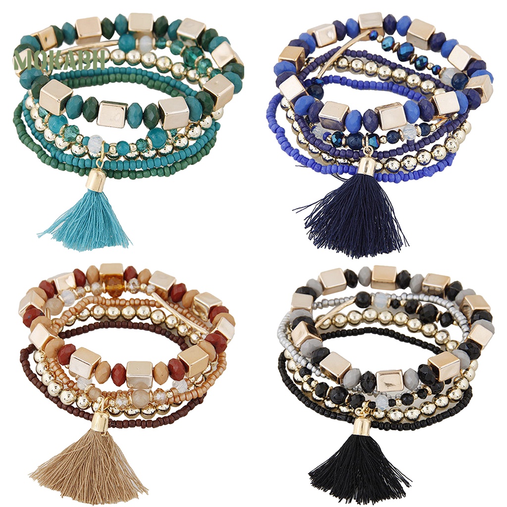 [Mok Abh] Vòng Tay Hạt Nhựa Resin Nhiều Lớp Phong Cách Bohemian Cổ Điển