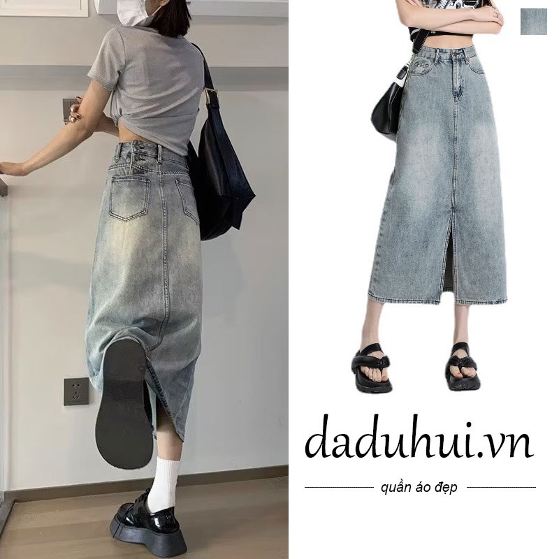 Daduhui New Korean Version of Ins Retro Washed Slit Denim Skirt Niche High Waist A- line Skirt Bag Hip Skirt