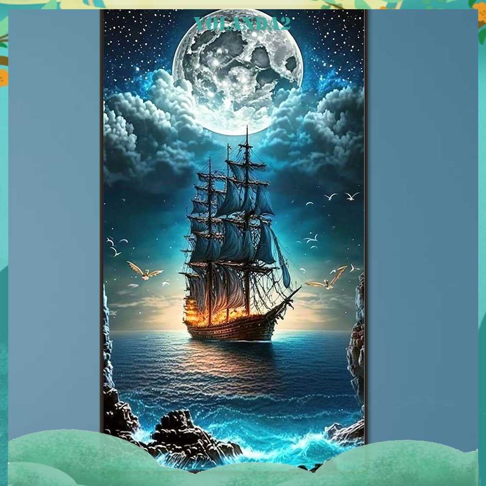 Tranh Đính Đá Kim Cương Toàn Bộ 5D DIY Hình Vẽ Thuyền Buồm Trang Trí Nhà Cửa