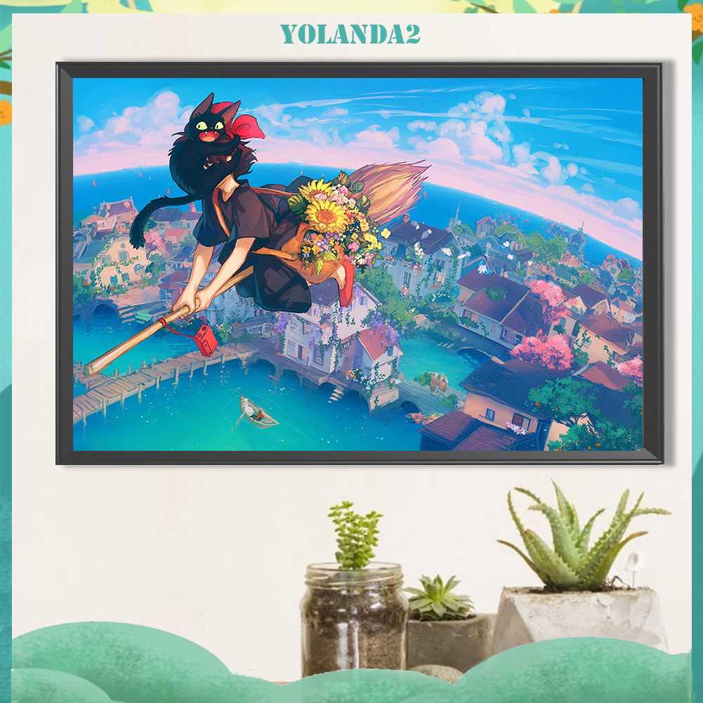 Tranh Đính Đá Kim Cương Toàn Bộ 5D DIY Hình Vẽ Cô Gái Và Mèo Trang Trí Nhà Cửa