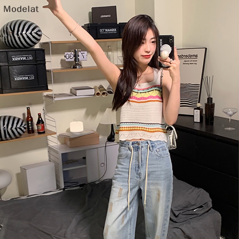 Mfc Áo Dệt Kim Hai Dây Dáng Ôm Họa Tiết Kẻ Sọc Khoét Rỗng Gợi Cảm Thời Trang Mùa Hè Cho