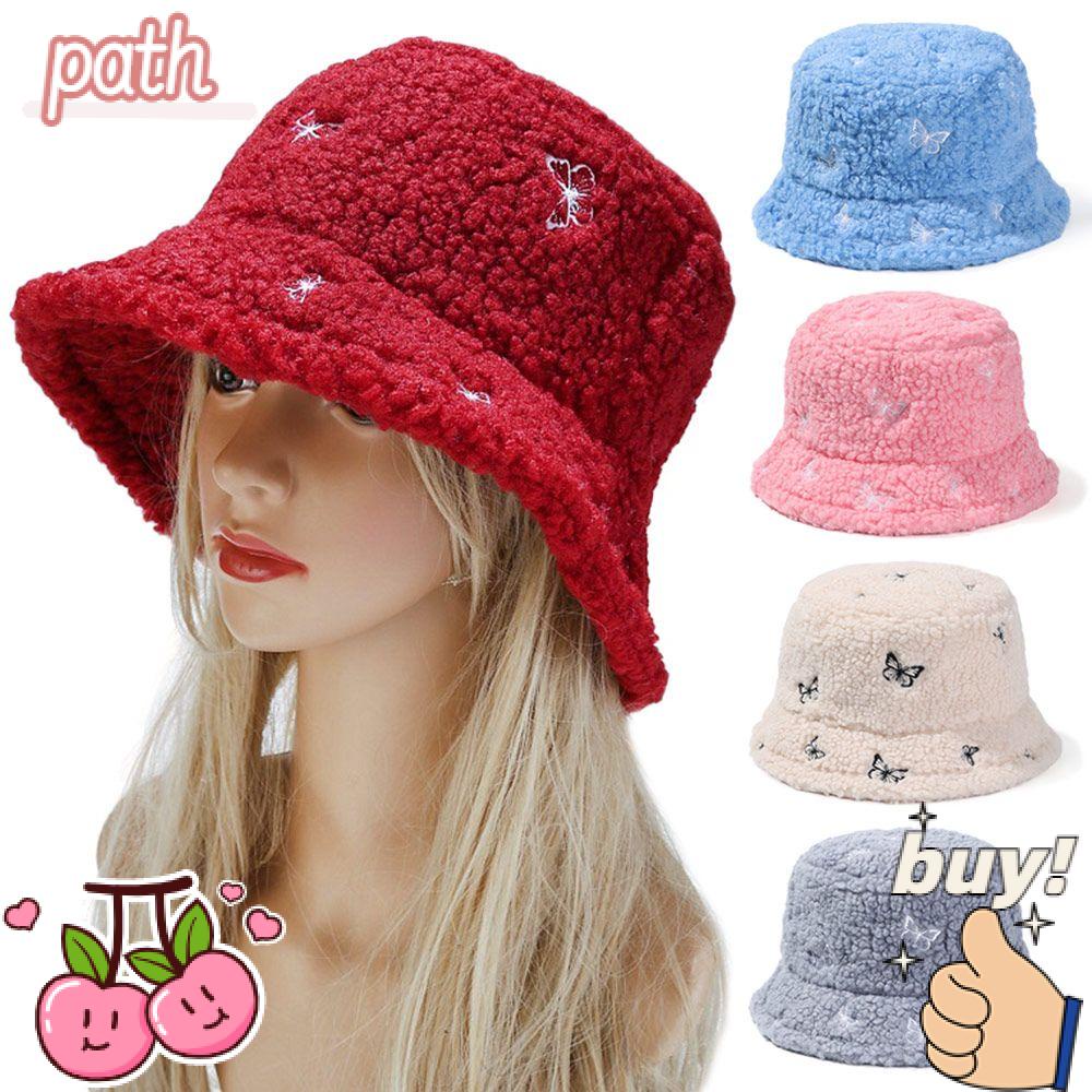 Mũ Bucket Lông Giả Thêu Hình Bướm Thời Trang Mùa Đông Ấm Áp