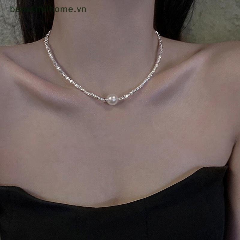 Vòng Cổ Choker Màu Bạc Đính Ngọc Trai Lấp Lánh Thời Trang Cho Nữ